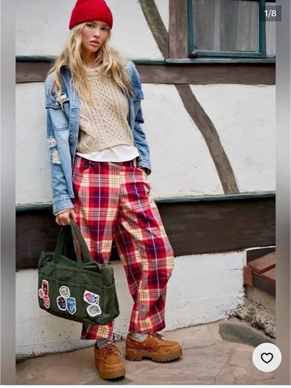 Free People Nice Choice Pull-On Trousers Plaid Red & Blue large